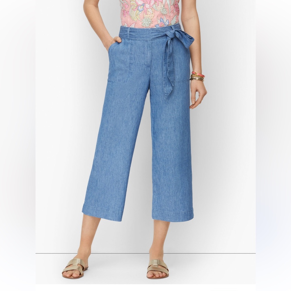 NEW TALBOTS chambray Linen Wide Leg Crop Pants Size 2 Women With Belt C19